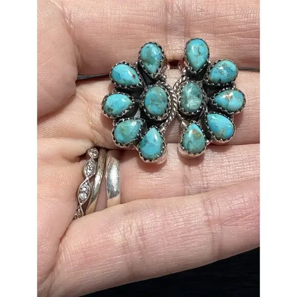 Native American Style Sterling Silver Turquoise Half Cluster Earrings Southwest - Picture 3 of 10
